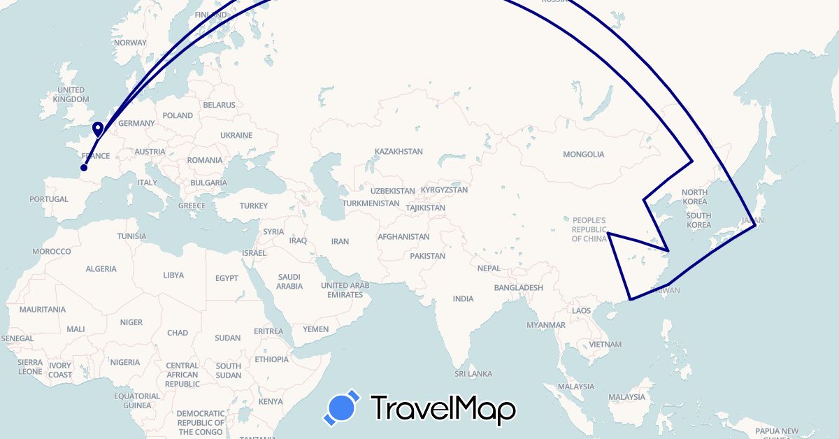 TravelMap itinerary: driving in China, France, Hong Kong, Japan, Macau, Taiwan (Asia, Europe)